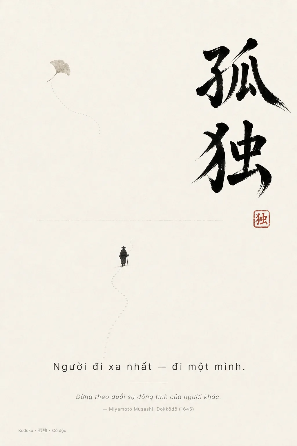 Thư pháp chữ 孤独 (cô độc), một bóng người đi một mình và chiếc lá ginkgo