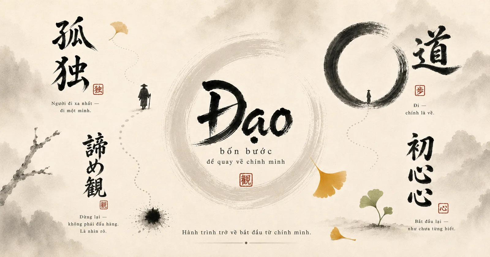 Bốn chữ thư pháp 孤独 · 諦め観 · 道 · 初心 quanh chữ Đạo và vòng tròn enso
